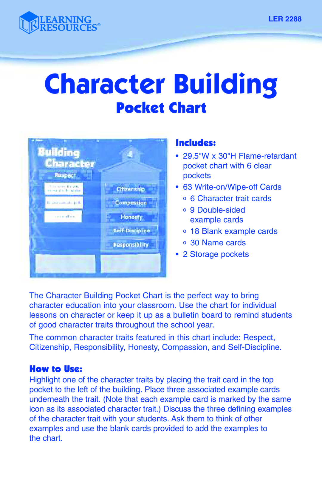 Learning Resources LER 2288 manual Character Building, Pocket Chart, Includes, How to Use 