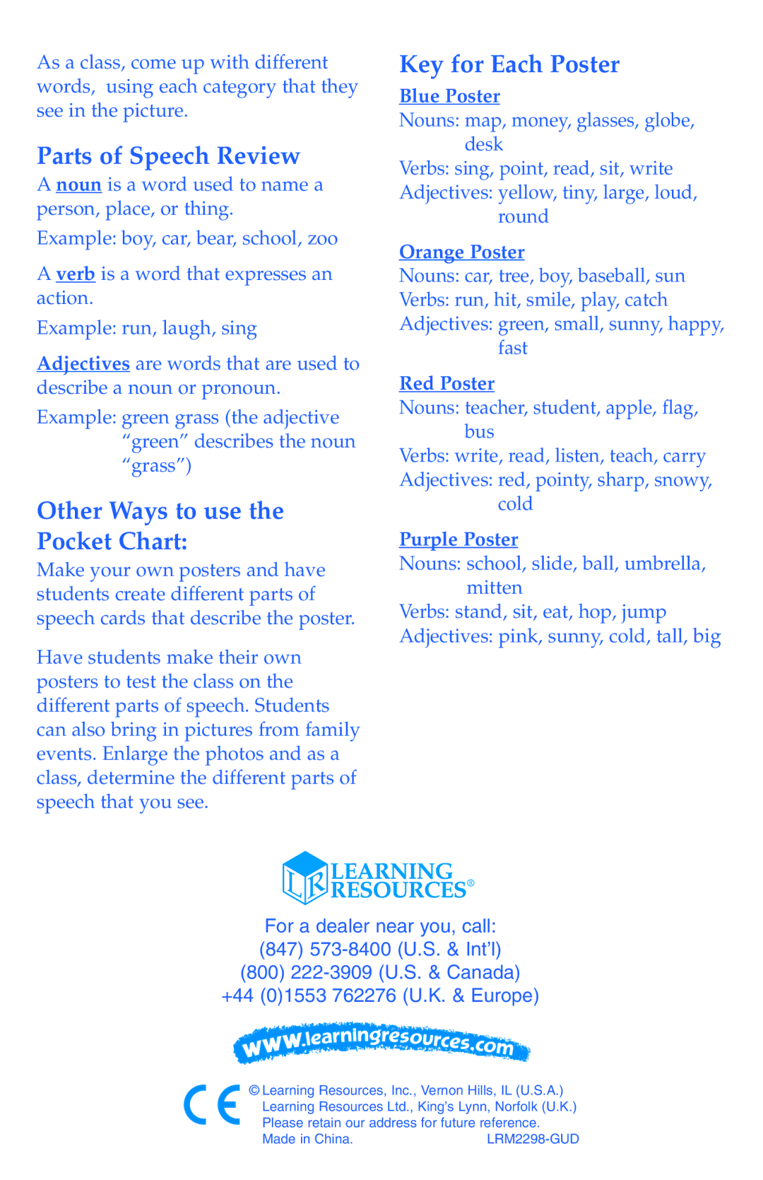 Learning Resources LER 2298 manual Parts of Speech Review, Other Ways to use the Pocket Chart, Key for Each Poster 