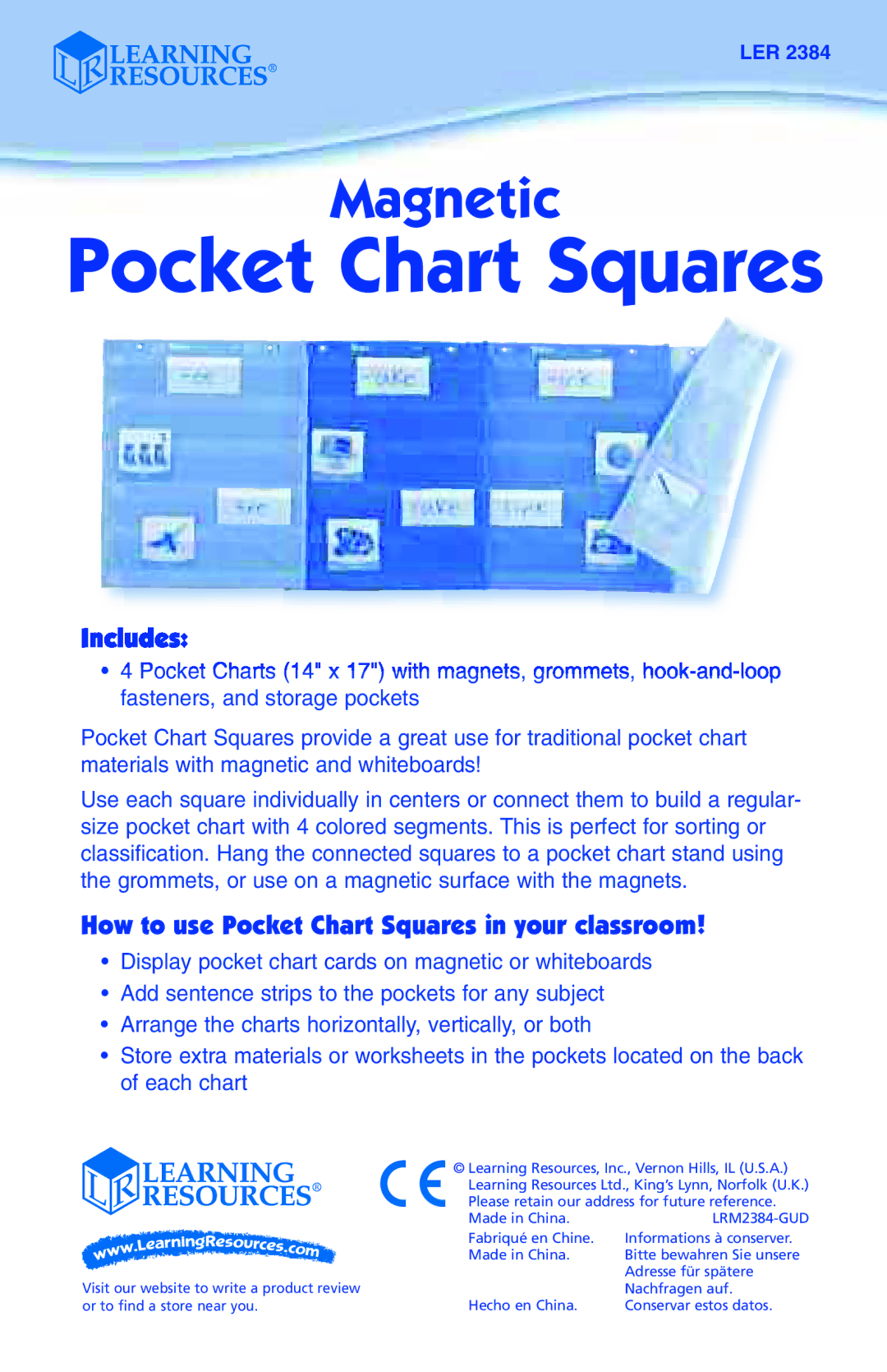 Learning Resources LER 2384 manual Includes, How to use Pocket Chart Squares in your classroom 