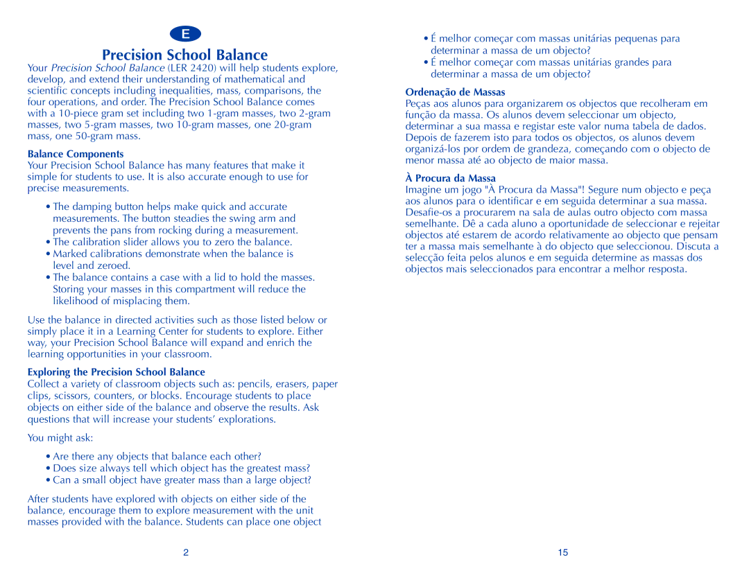 Learning Resources LER 2420 manual Balance Components, Exploring the Precision School Balance, Ordenação de Massas 