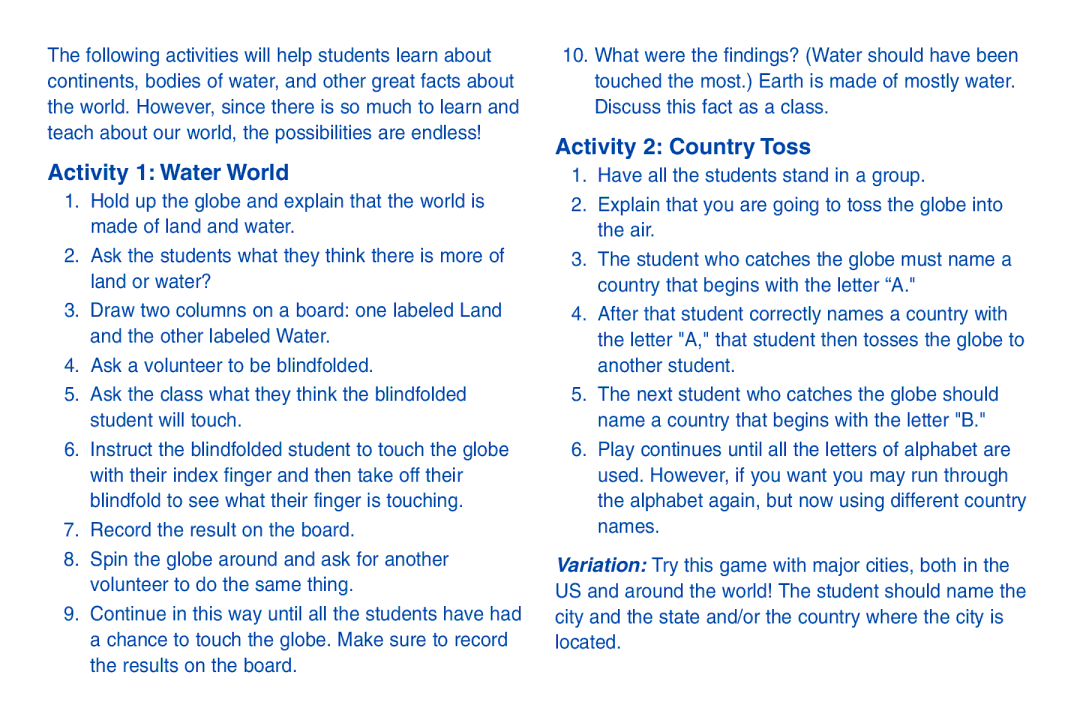 Learning Resources LER 2432 manual Activity 1 Water World, Activity 2 Country Toss 