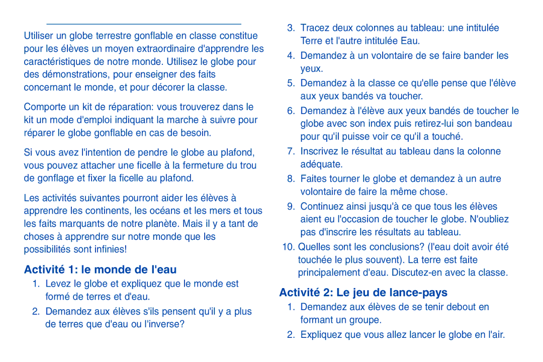 Learning Resources LER 2432 manual Activité 1 le monde de leau, Activité 2 Le jeu de lance-pays 