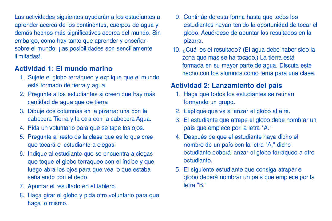 Learning Resources LER 2432 manual Actividad 1 El mundo marino, Actividad 2 Lanzamiento del país 