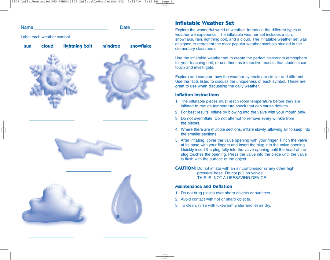 Learning Resources LER 2434 LER 2940 manual Name Date, Sun Cloud Lightning bolt Raindrop Snowflake, Inflation Instructions 