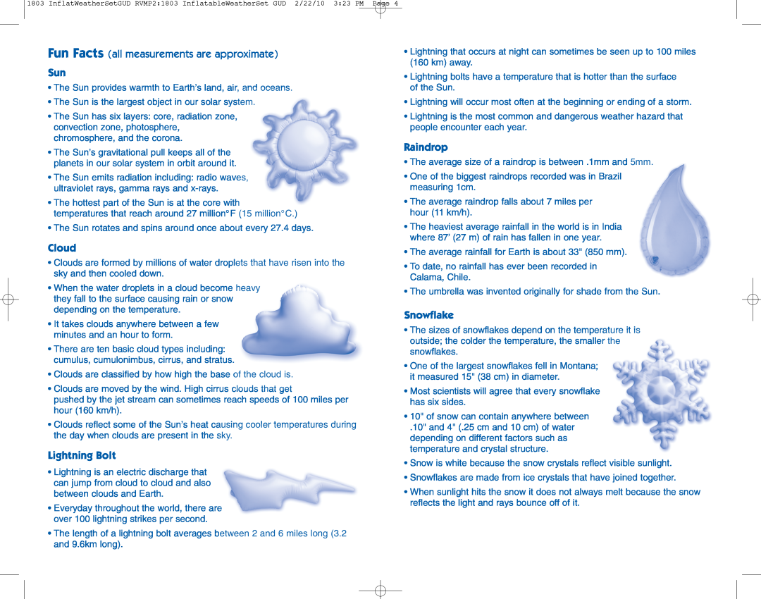 Learning Resources LER 2145 manual Cloud, Lightning Bolt, Raindrop, Snowflake, Fun Facts all measurements are approximate 
