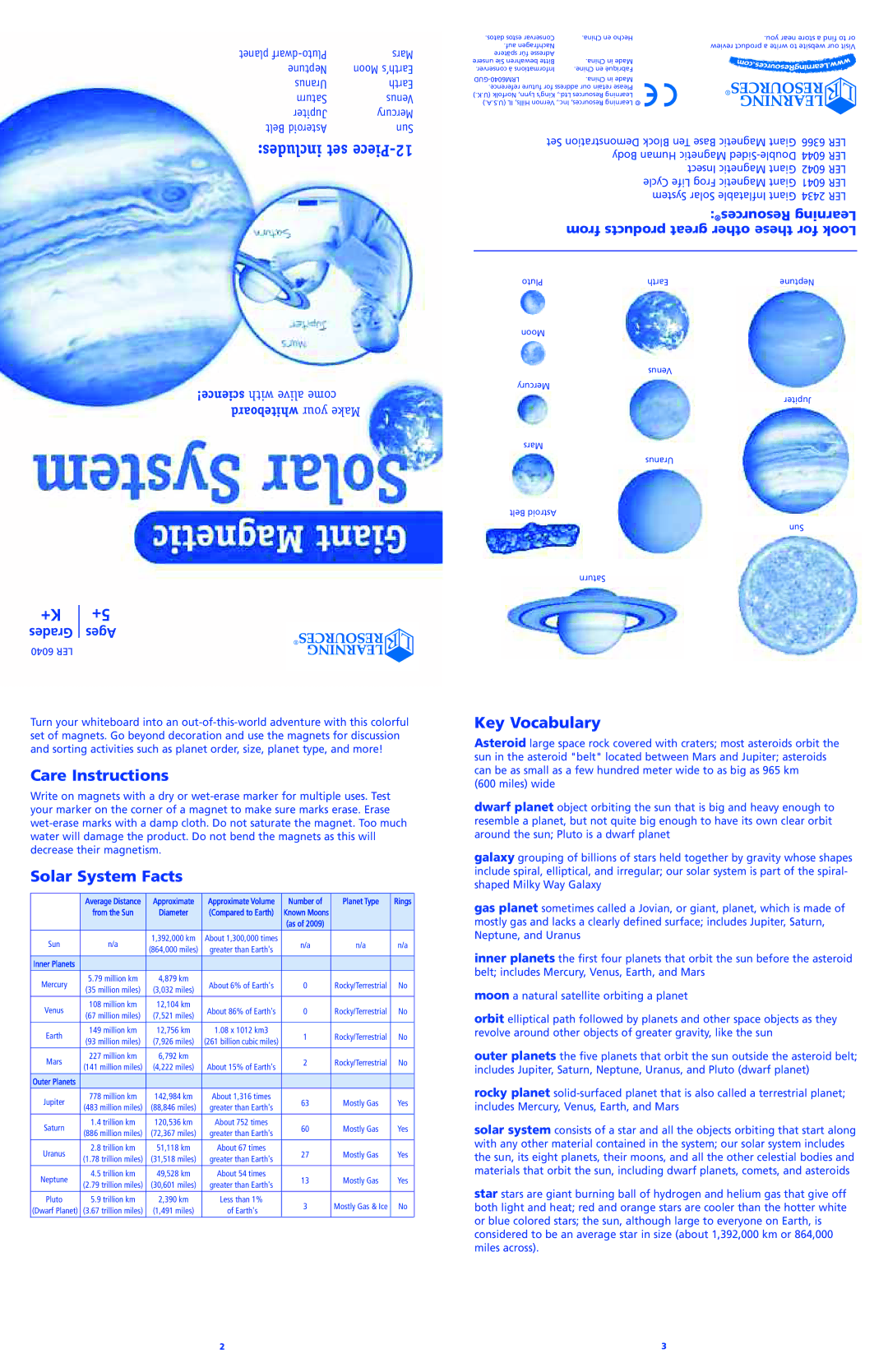 Learning Resources LER 2434 manual Care Instructions, Solar System Facts, Key Vocabulary 