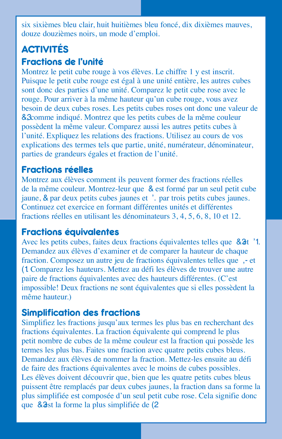 Learning Resources LER 2510 manual Activités, Fractions de l’unité, Fractions réelles, Fractions équivalentes 