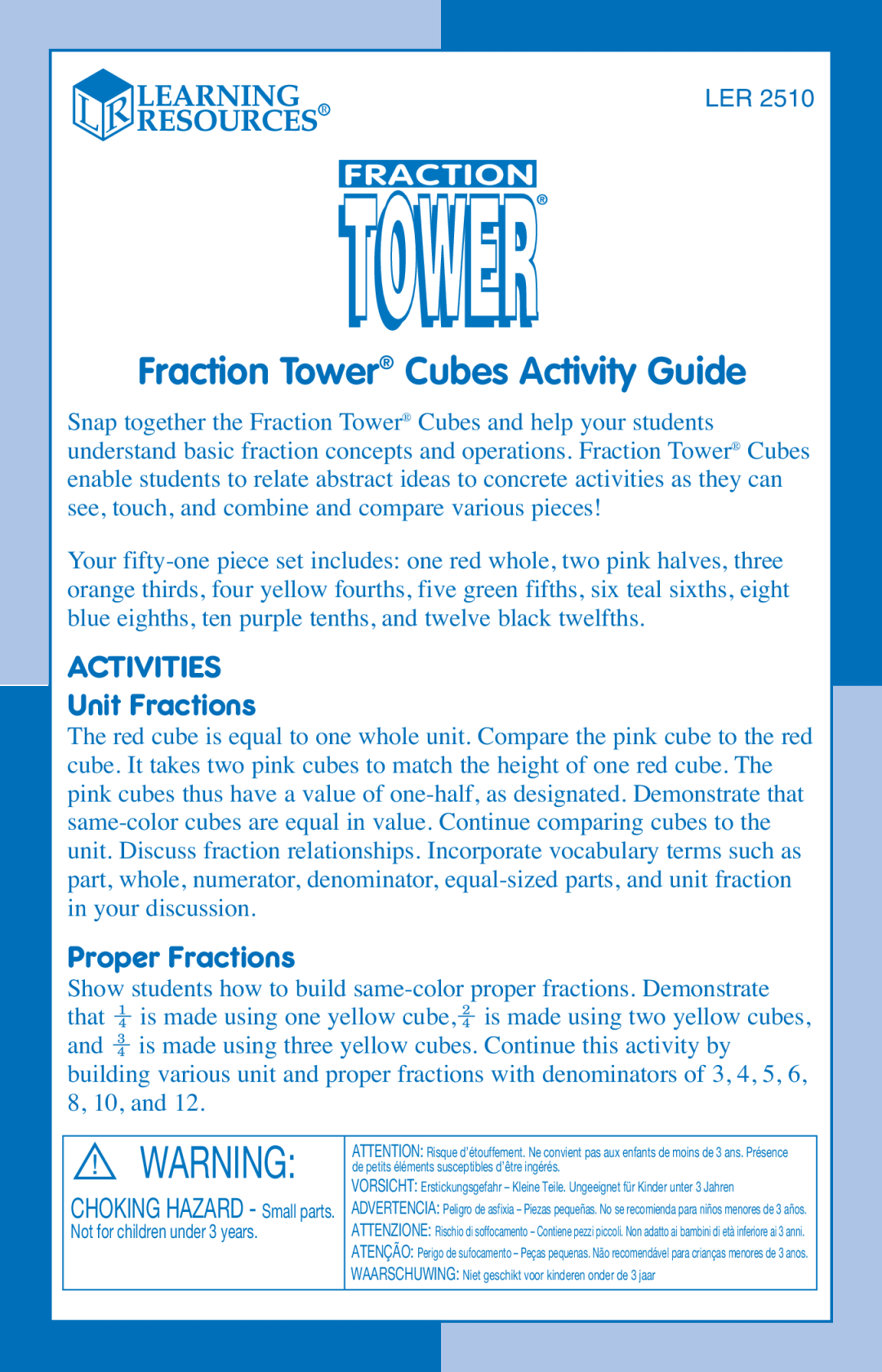 Learning Resources LER 2510 manual Activities, Fraction Tower Cubes Activity Guide 