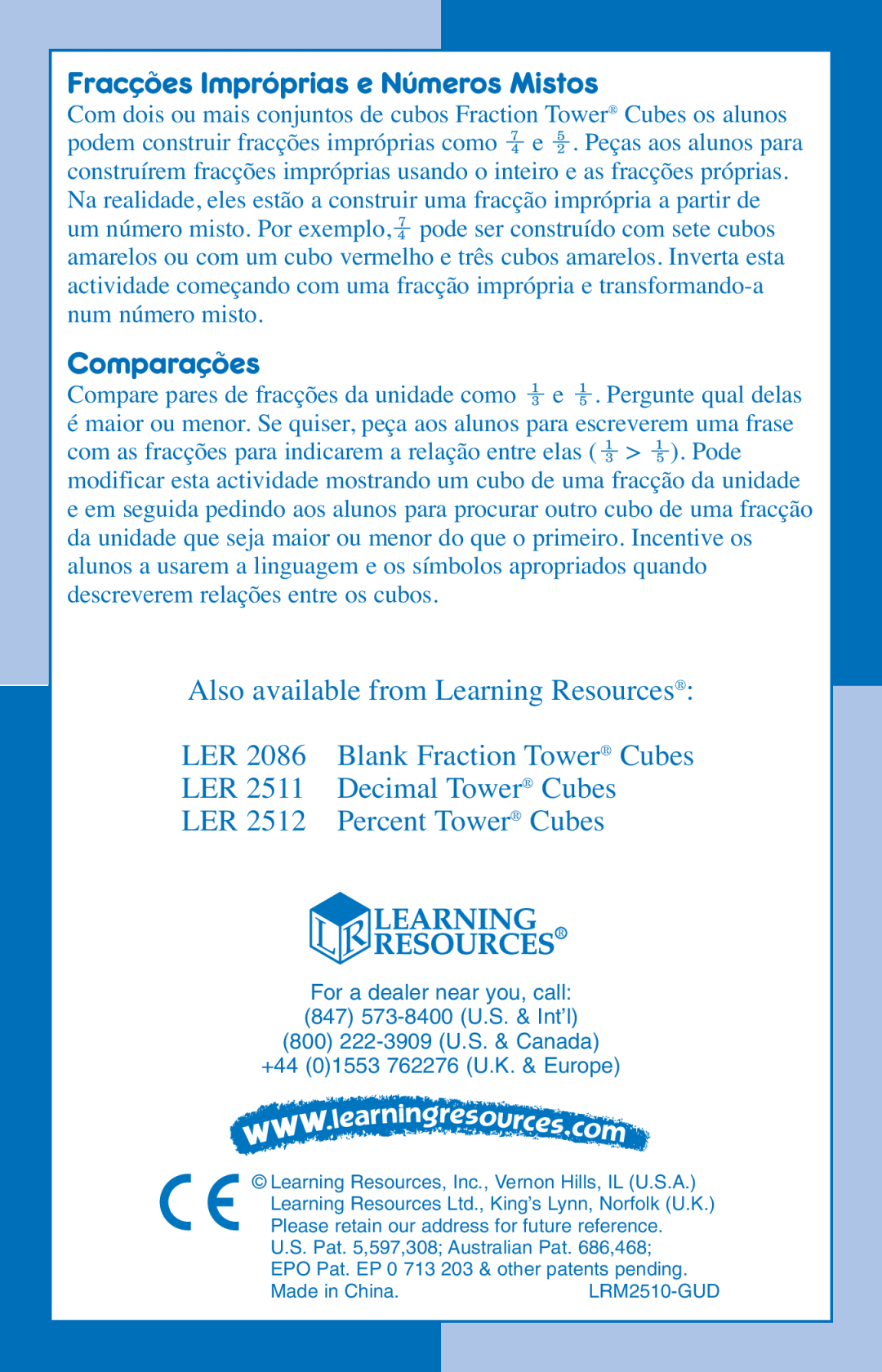 Learning Resources LER 2510 manual Also available from Learning Resources, LER 2512 Percent Tower Cubes 