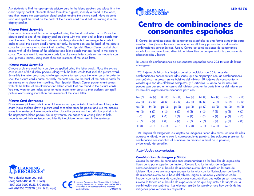 Learning Resources Ler 2574 manual Centro de combinaciones de Consonantes españolas, Actividades aconsejadas 