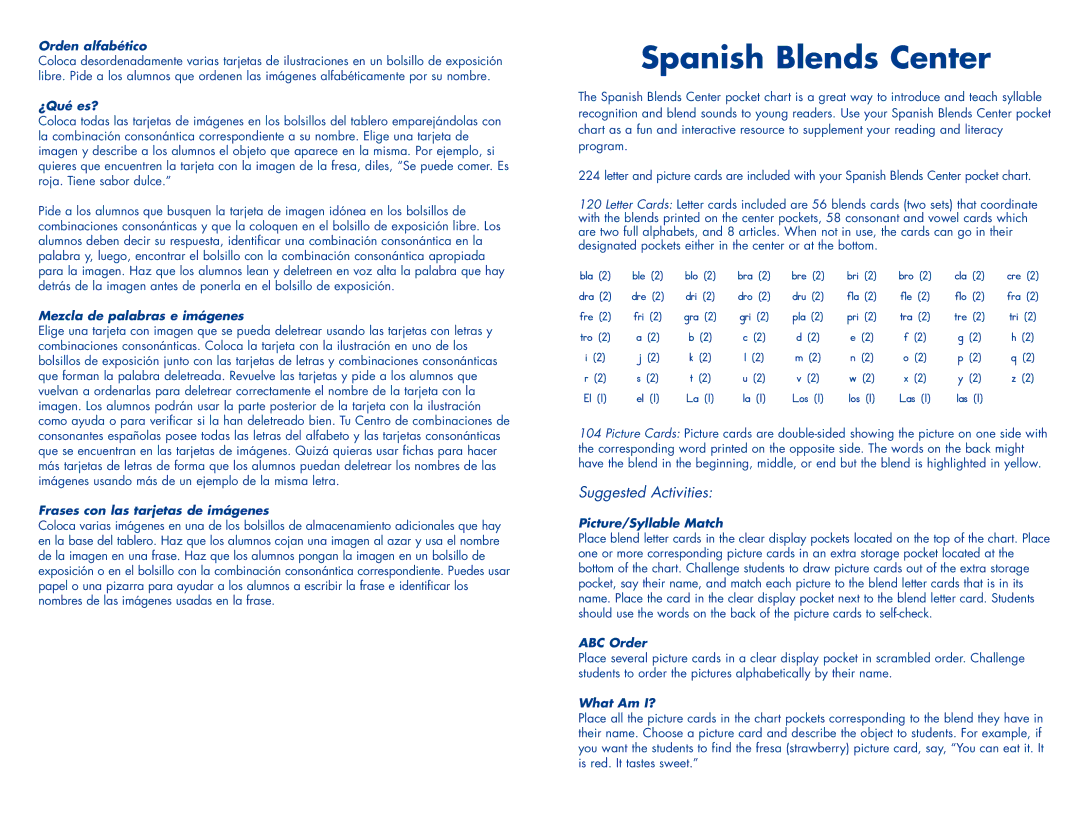 Learning Resources Ler 2574 manual Spanish Blends Center, Suggested Activities 