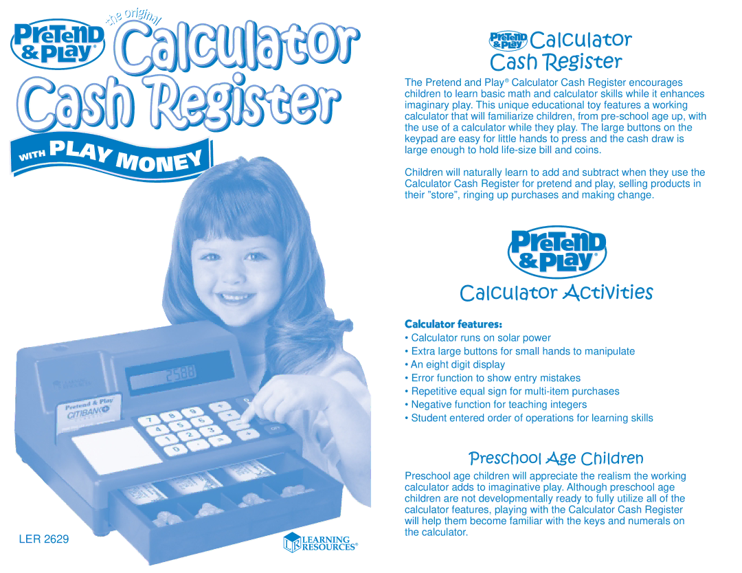 Learning Resources LER 2629 manual Preschool Age Children, Calculator features 