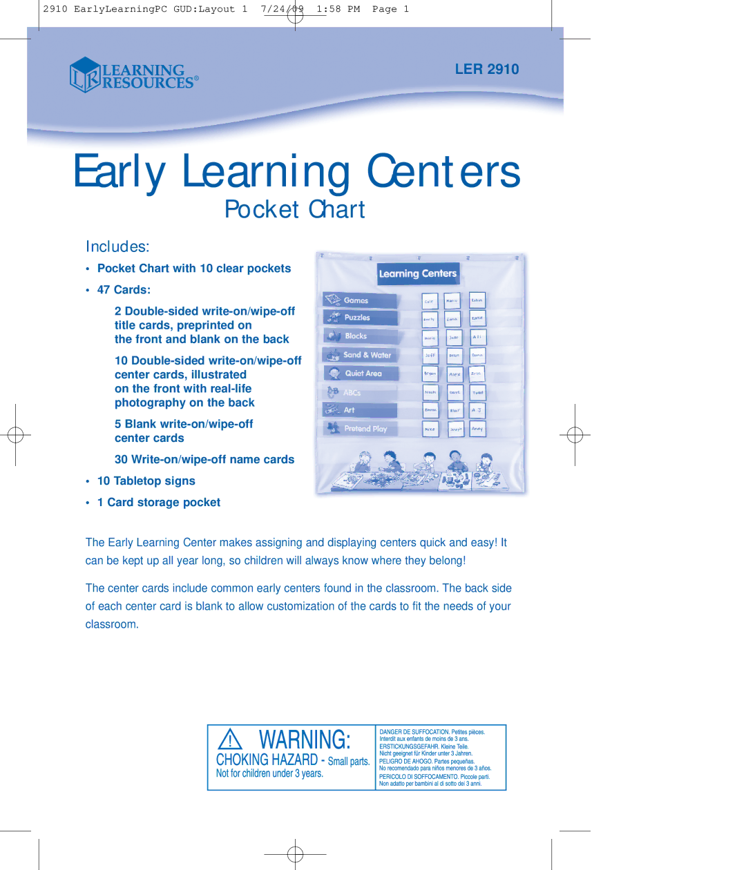 Learning Resources LER 2910 manual Early Learning Centers, Pocket Chart, Includes 