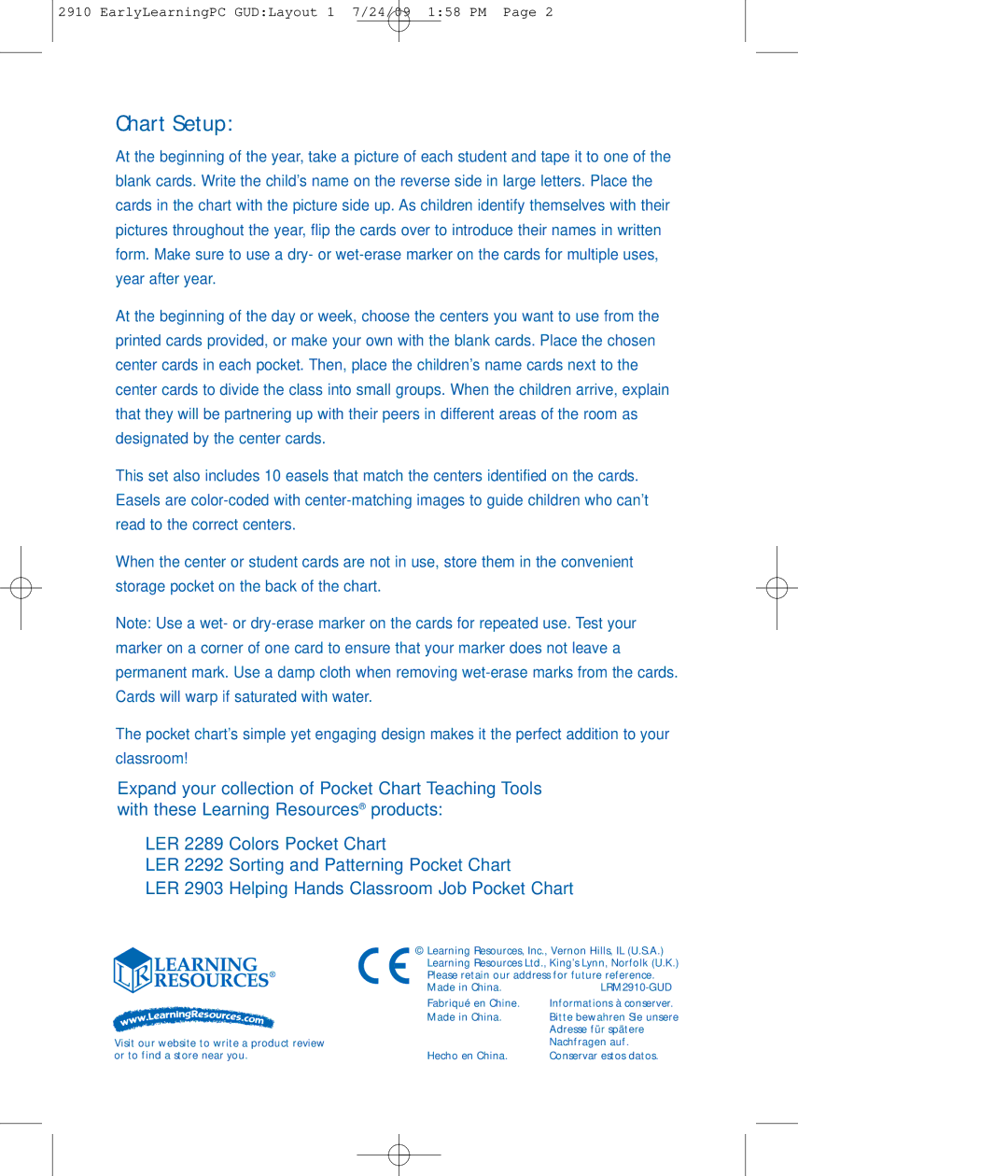 Learning Resources LER 2910 manual Chart Setup 