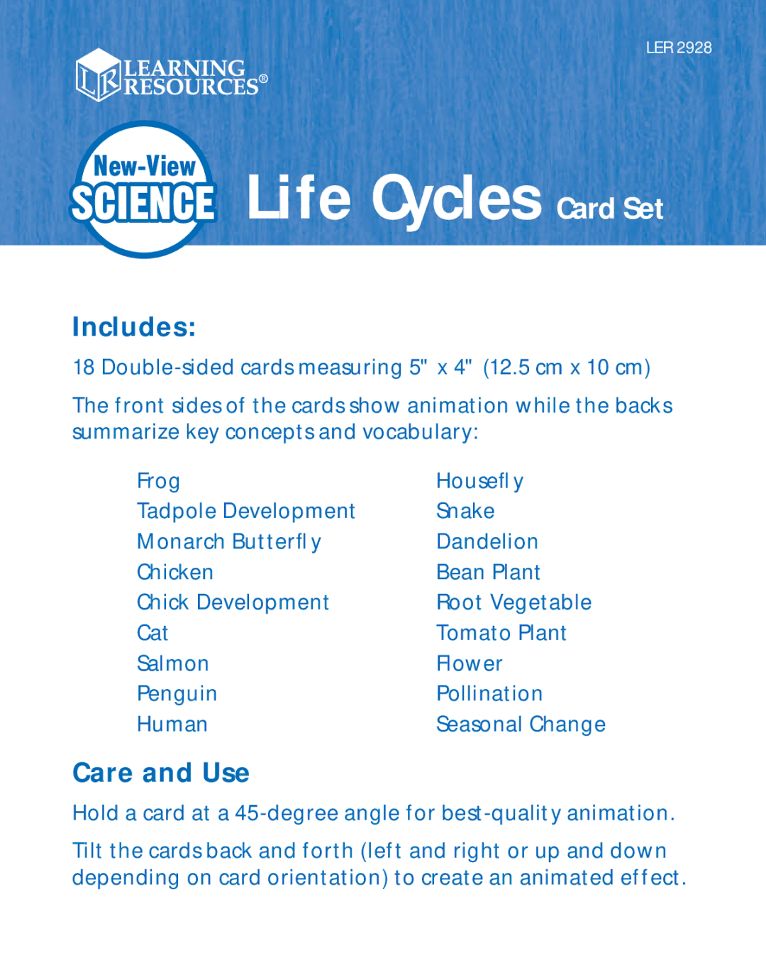 Learning Resources LER 2928 manual Science Life Cycles Card Set, Includes, Care and Use 