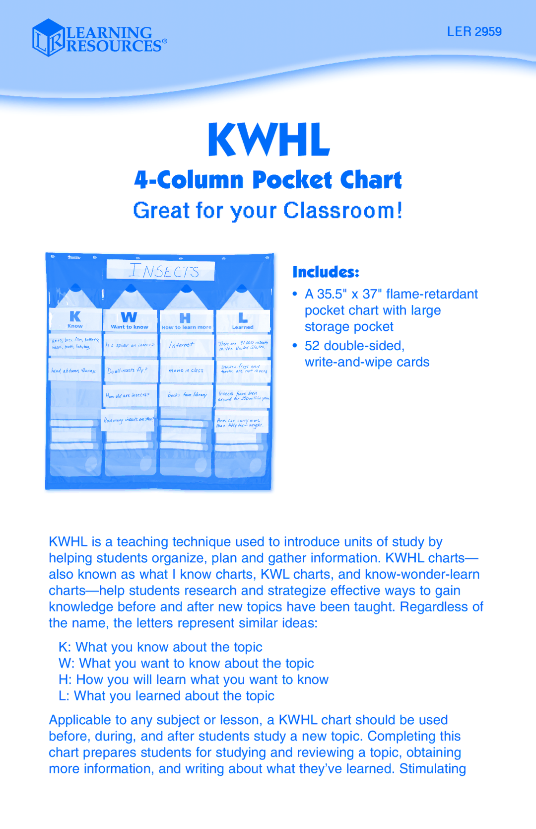 Learning Resources LER 2959 manual Kwhl, Column Pocket Chart, Includes 