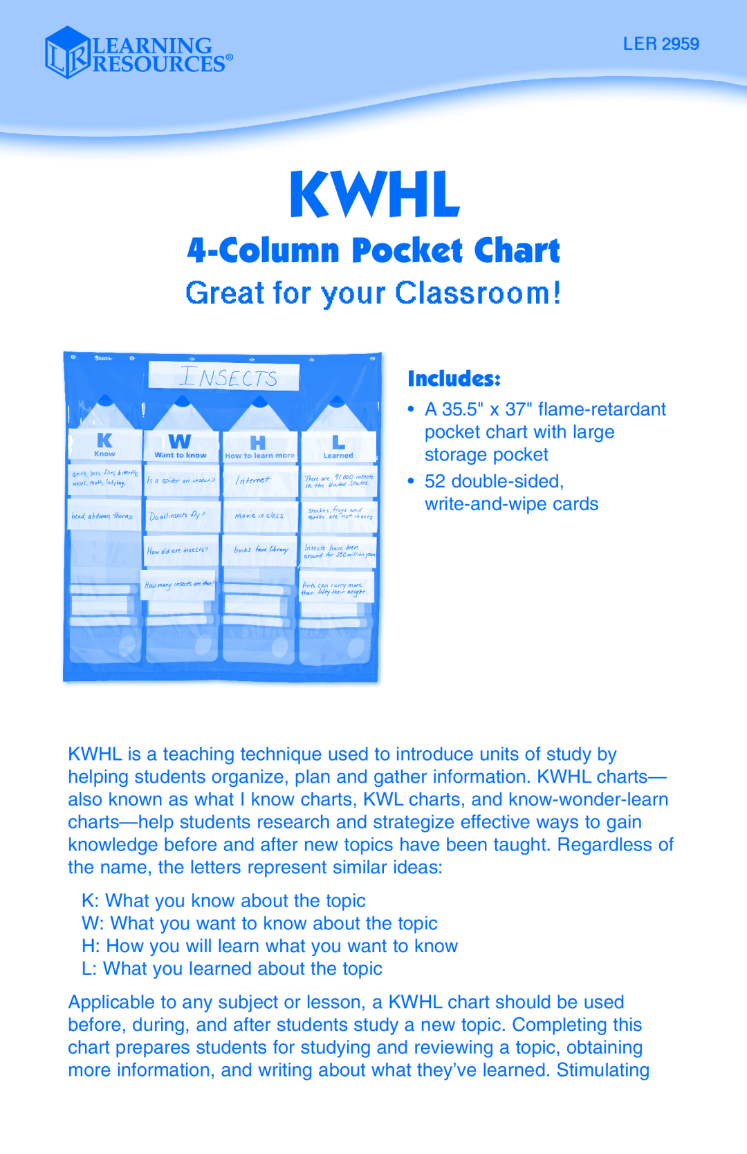 Learning Resources LER 2959 manual Includes, Kwhl, Column Pocket Chart 