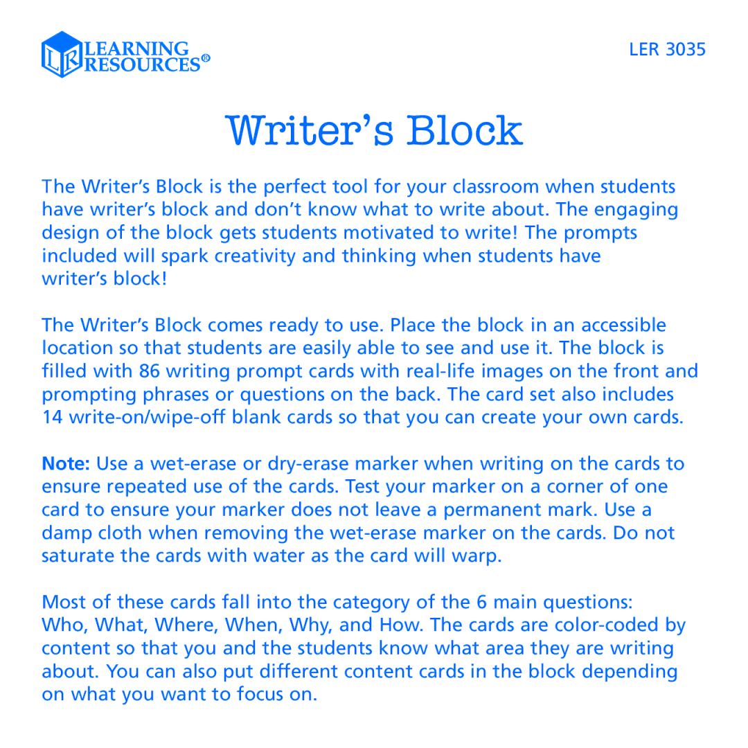 Learning Resources LER 3035 manual Writer’s Block 