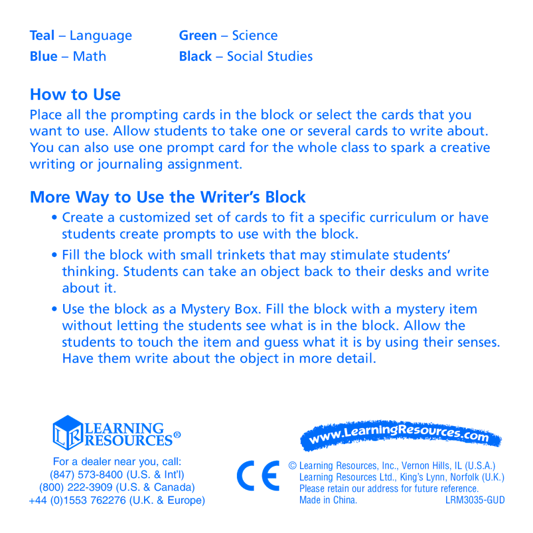 Learning Resources LER 3035 manual How to Use, More Way to Use the Writer’s Block 