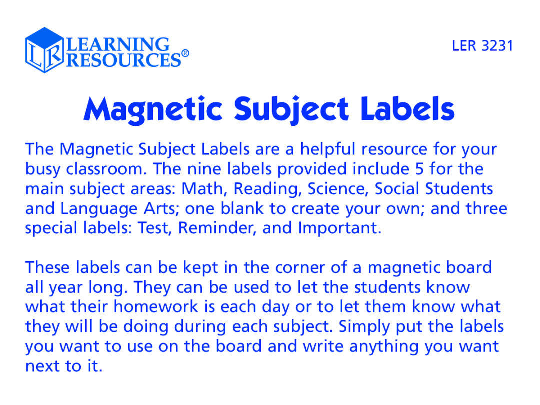 Learning Resources LER 3231 manual Magnetic Subject Labels 