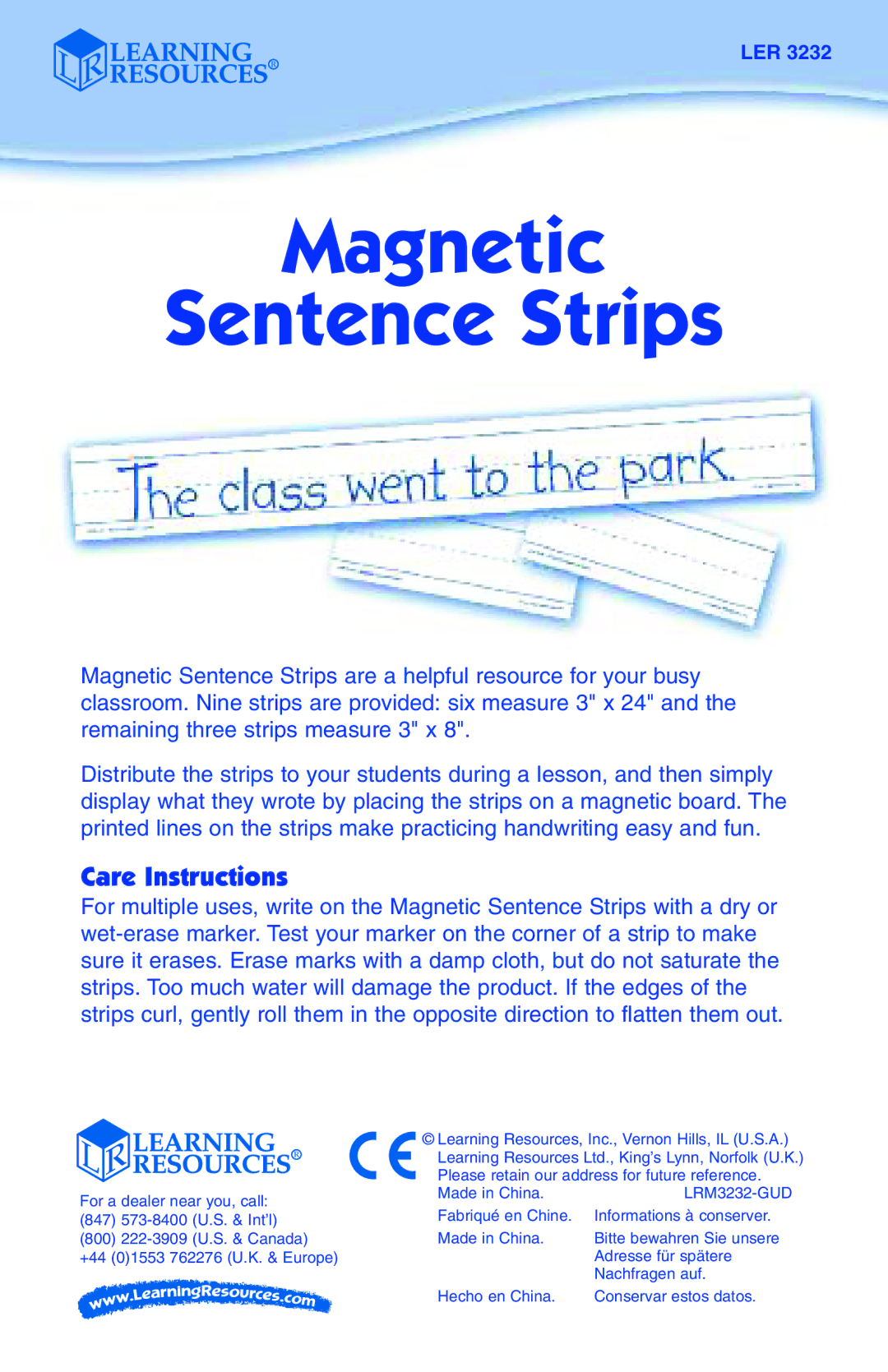 Learning Resources LER 3232 manual Magnetic Sentence Strips, Care Instructions 