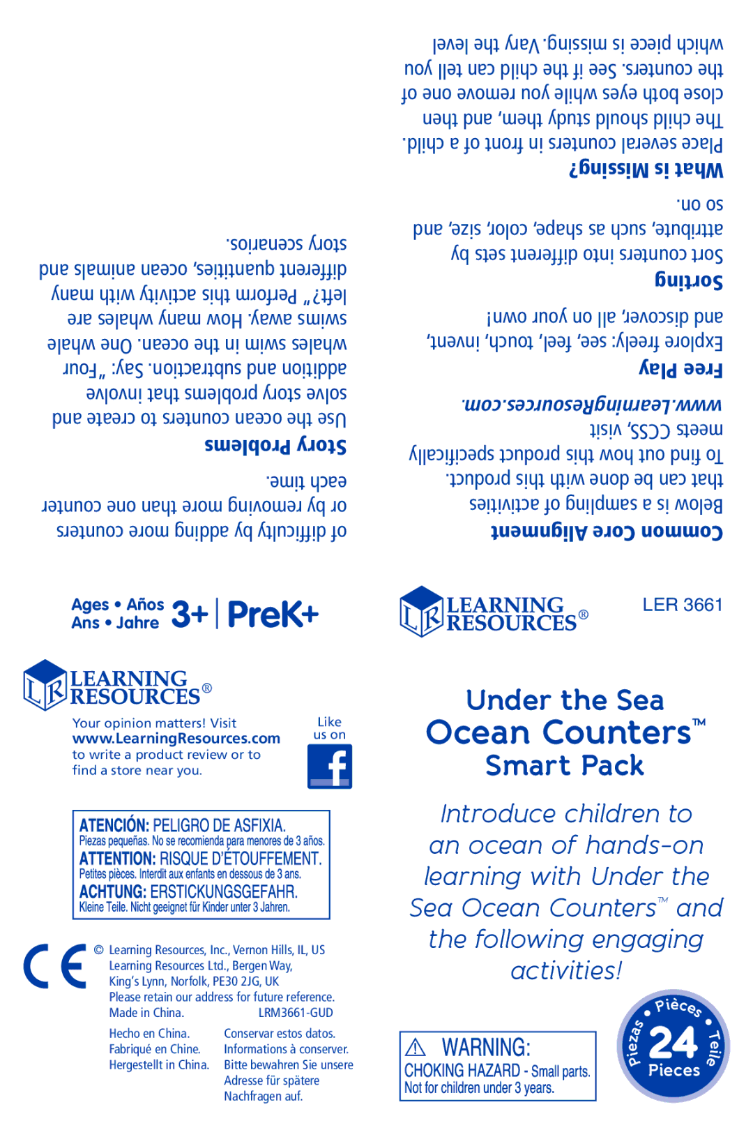 Learning Resources LER 3661 manual 24 le, Ocean Counters, Under the Sea, Smart Pack, Ages Años 3+ PreK+ Ans Jahre 