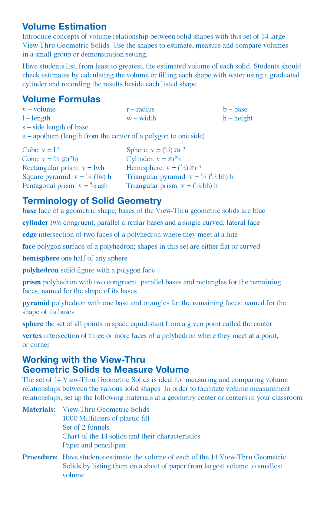 Learning Resources ler 4331 manual Volume Estimation, Volume Formulas, Terminology of Solid Geometry 