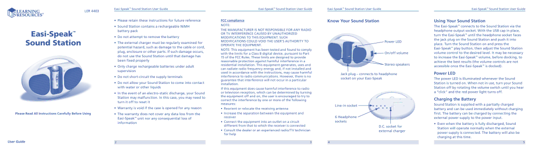 Learning Resources LER 4403 warranty Know Your Sound Station, Using Your Sound Station, Power LED, Charging the Battery 