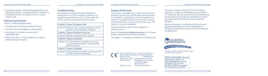 Learning Resources LER 4403 warranty Technical specification, Troubleshooting, Support & Warranty 