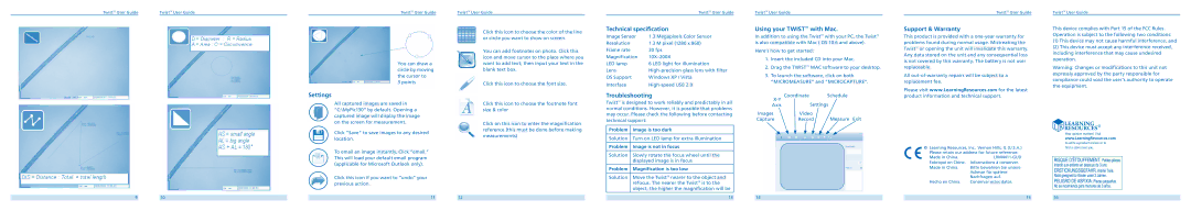 Learning Resources LER 4411 X10 warranty Settings, Technical specification, Troubleshooting, Using your Twist with Mac 