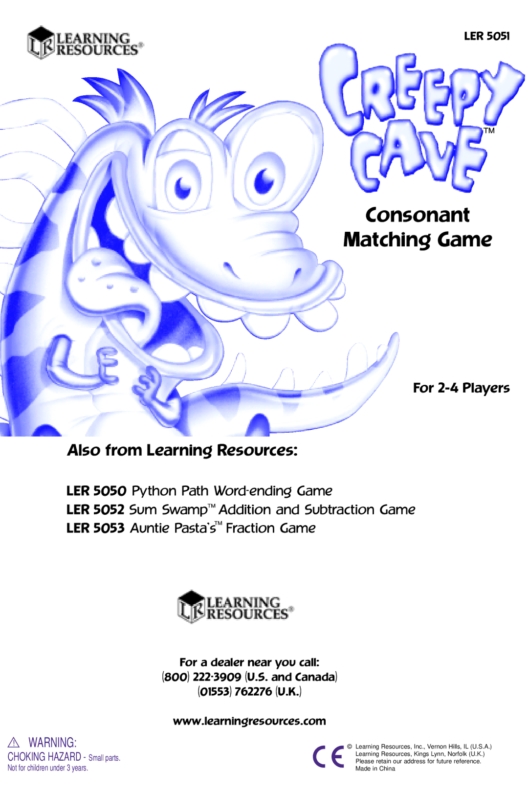 Learning Resources LER 5051 manual Consonant Matching Game, Also from Learning Resources, For 2-4 Players 