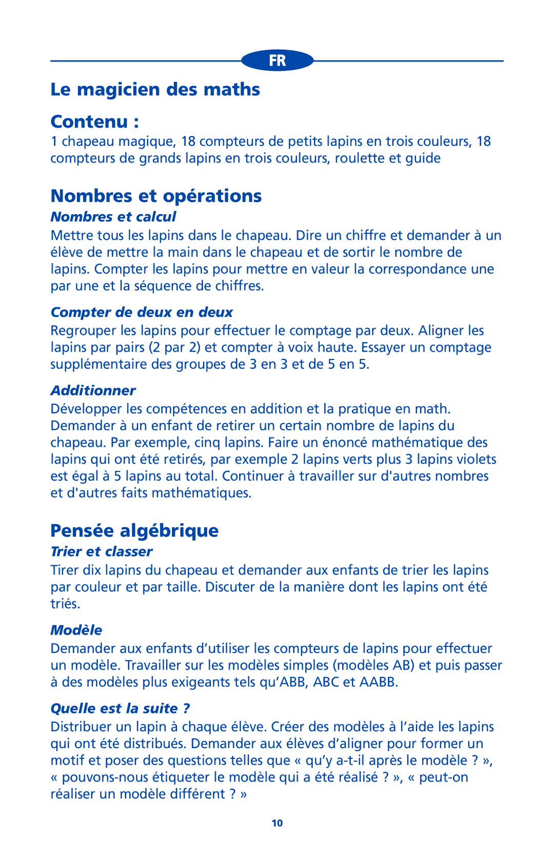 Learning Resources LER 6226 manual Le magicien des maths Contenu, Nombres et opérations, Pensée algébrique 