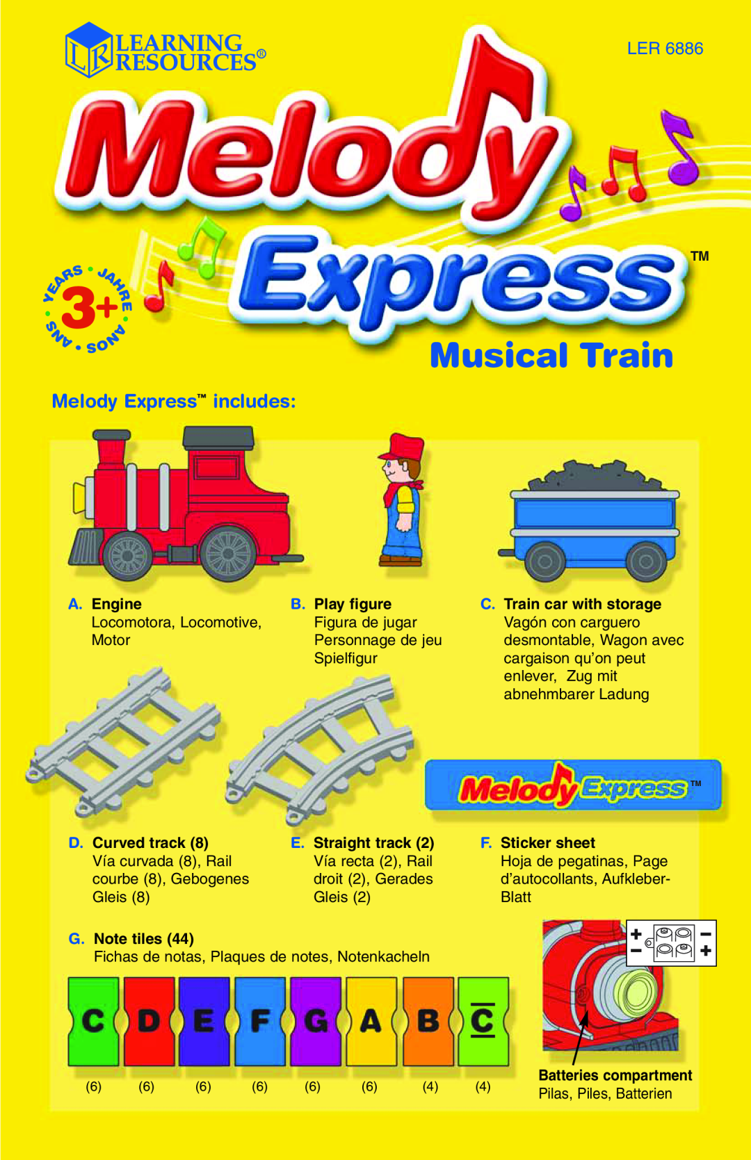 Learning Resources LER 6886 manual Melody Express includes, N3 NA, Musical Train, A. Engine, B. Play figure, G. Note tiles 