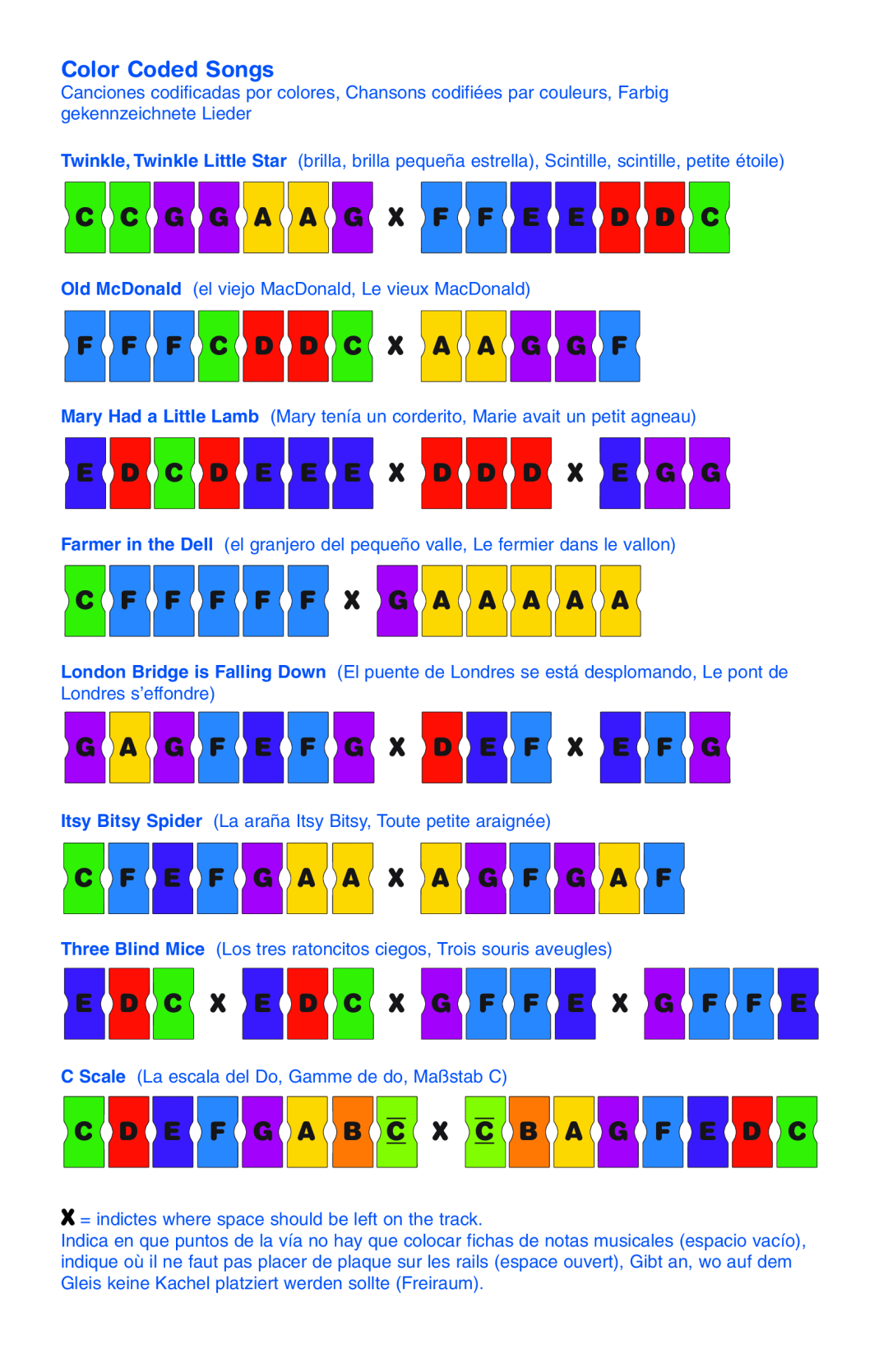 Learning Resources LER 6886 manual Color Coded Songs, C C G G A A G X F F E E D D C, F F F C D D C X A A G G F 