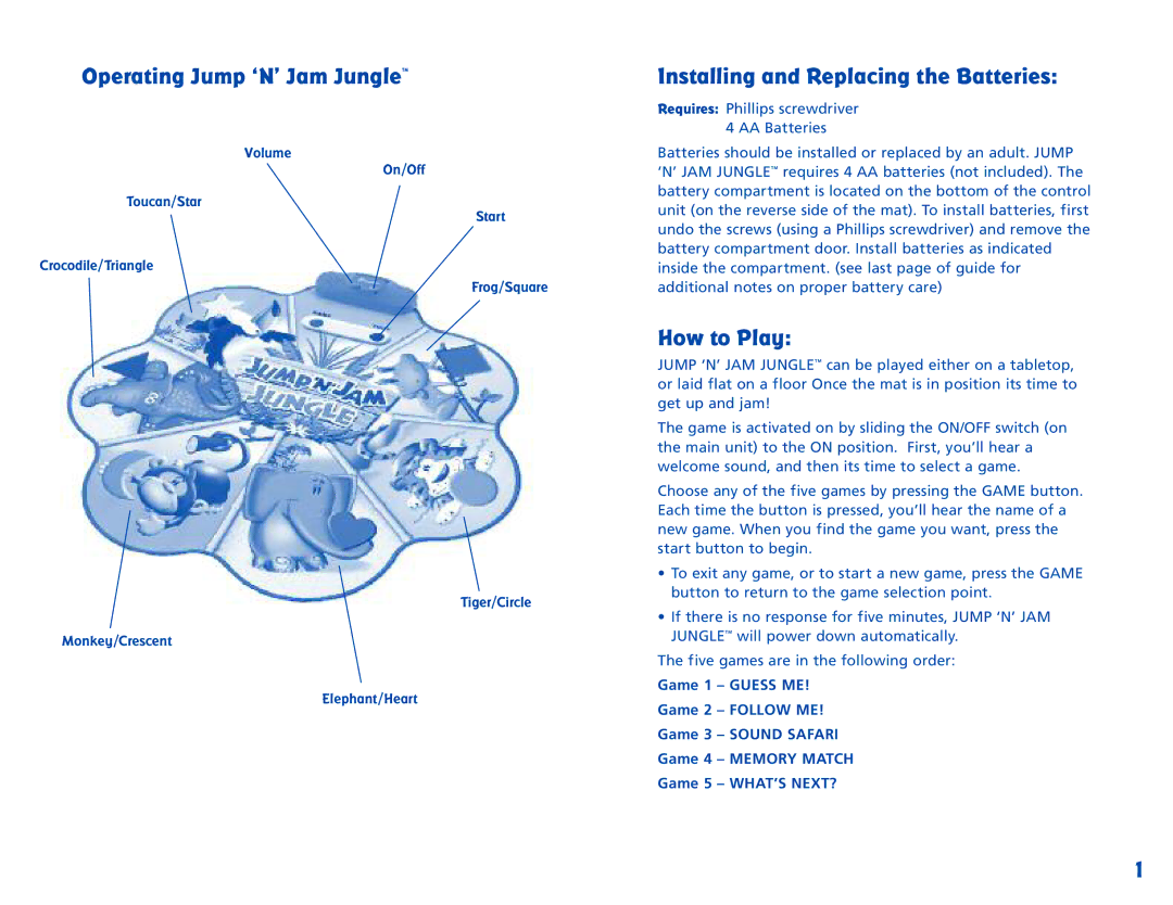 Learning Resources LER 6904 manual Operating Jump ‘N’ Jam Jungle, Installing and Replacing the Batteries, How to Play 