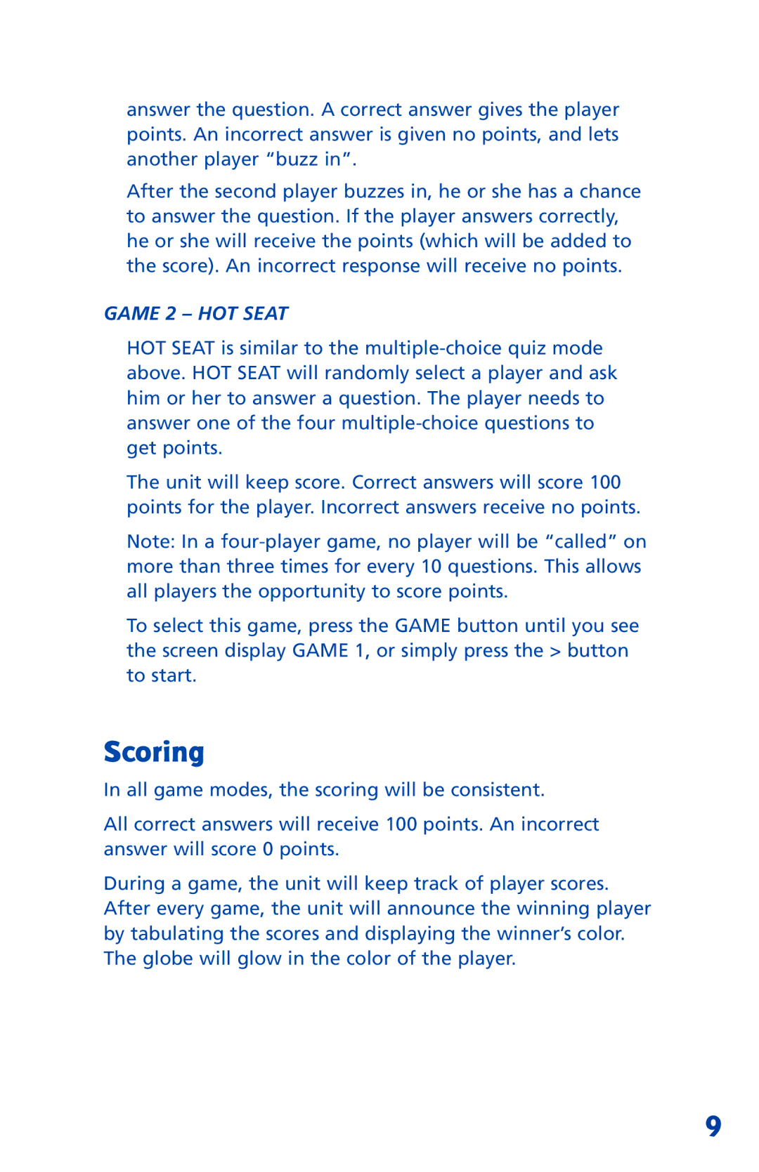 Learning Resources LER 6914 manual Scoring, Game 2 HOT Seat 