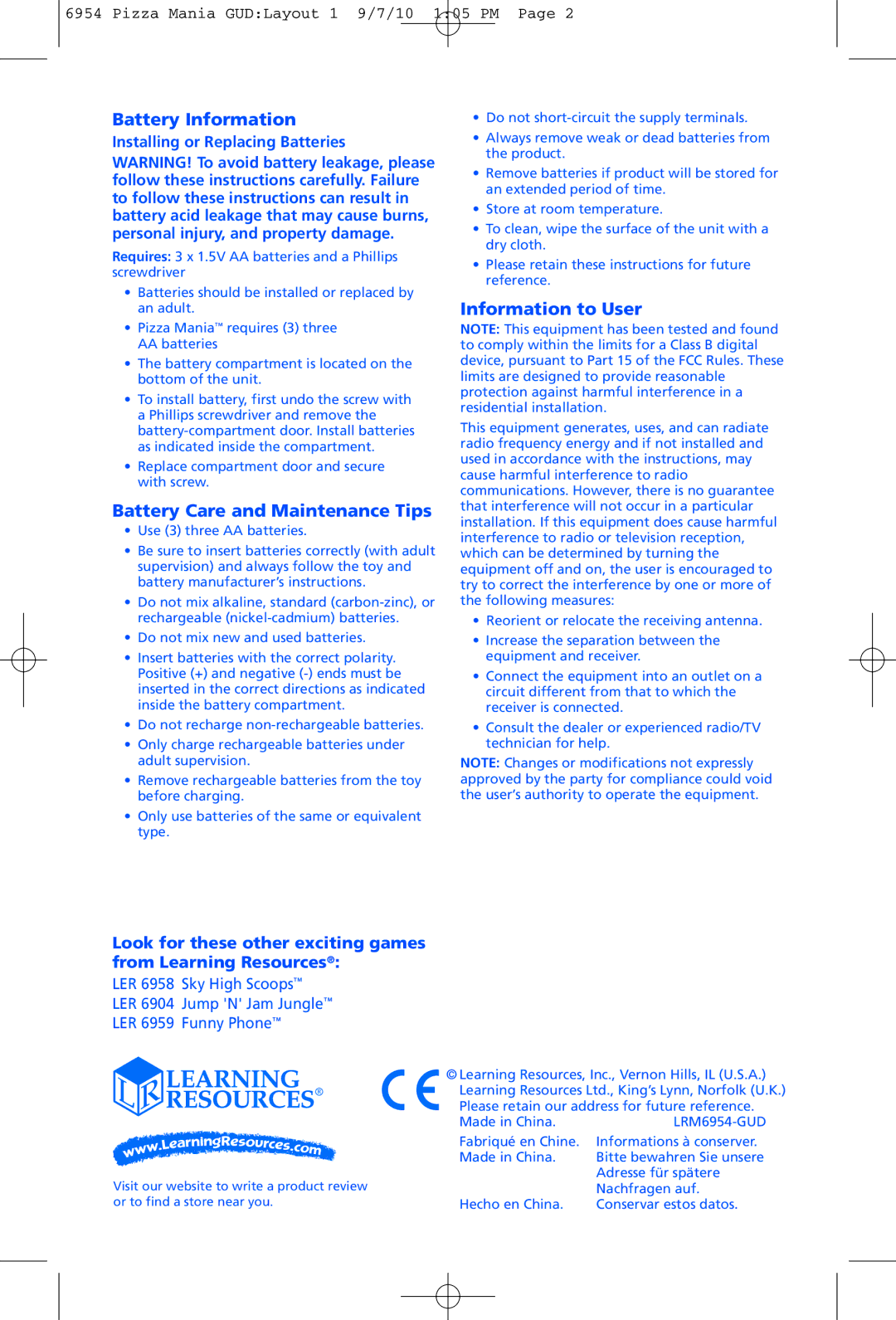 Learning Resources LER 6954 manual Battery Information, Battery Care and Maintenance Tips, Information to User 