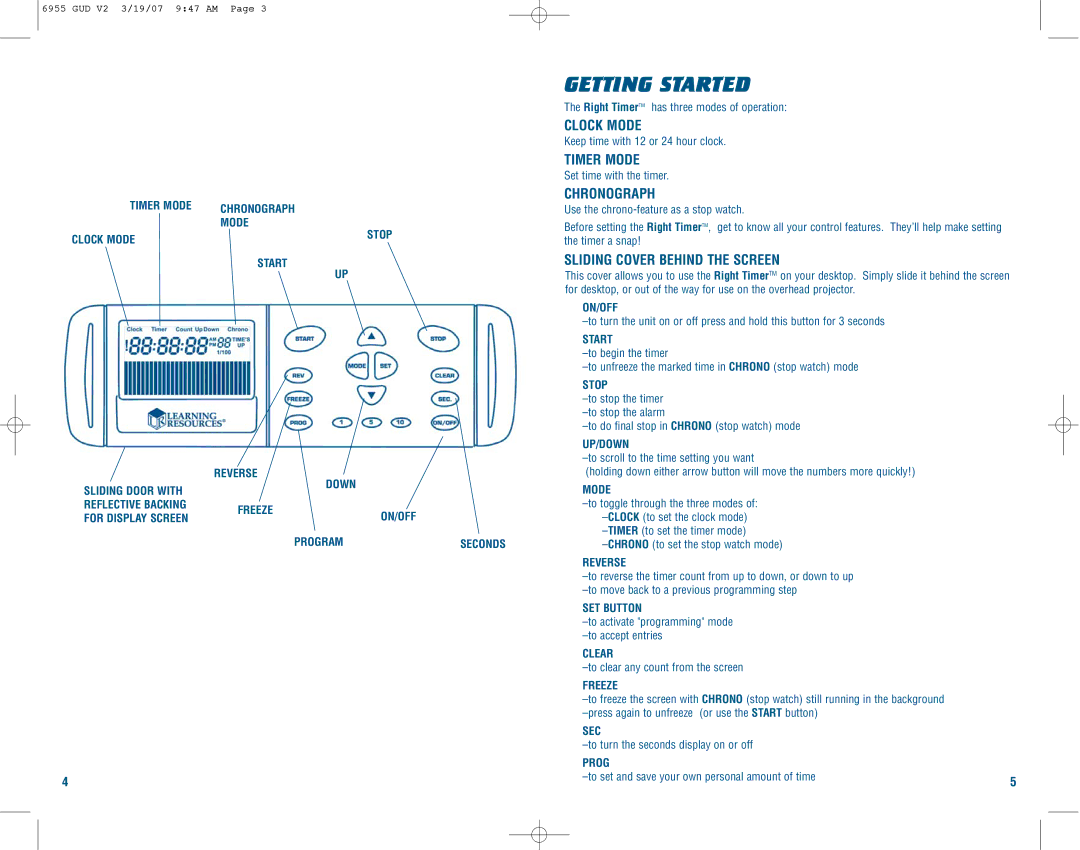 Learning Resources LER 6955 manual Getting Started, Clock Mode, Timer Mode, Chronograph, Sliding Cover Behind the Screen 