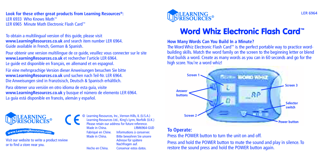 Learning Resources LER 6964 manual Press the POWER button to turn the unit on and off, Word Whiz Electronic Flash Card 