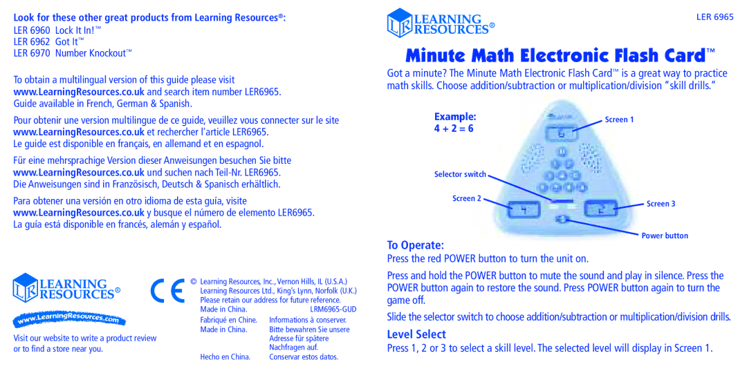 Learning Resources LER 6962 manual To Operate, Level Select, Look for these other great products from Learning Resources 