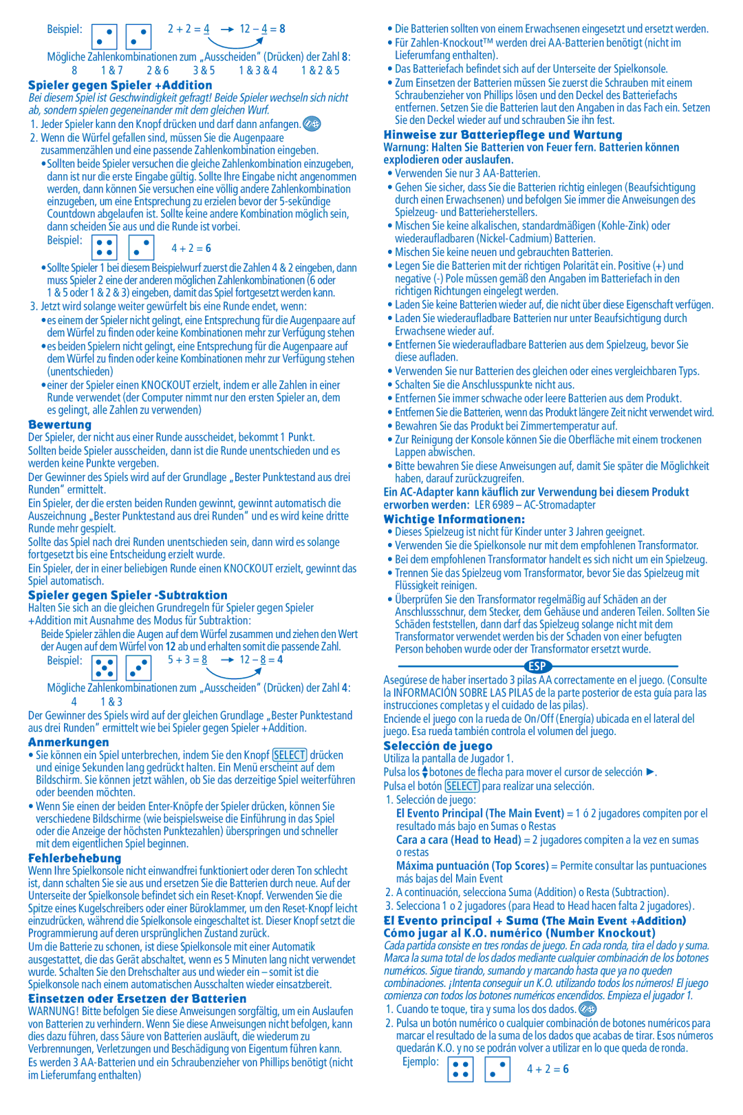 Learning Resources LER 6970 manual Spieler gegen Spieler +Addition, Spieler gegen Spieler -Subtraktion, Anmerkungen 