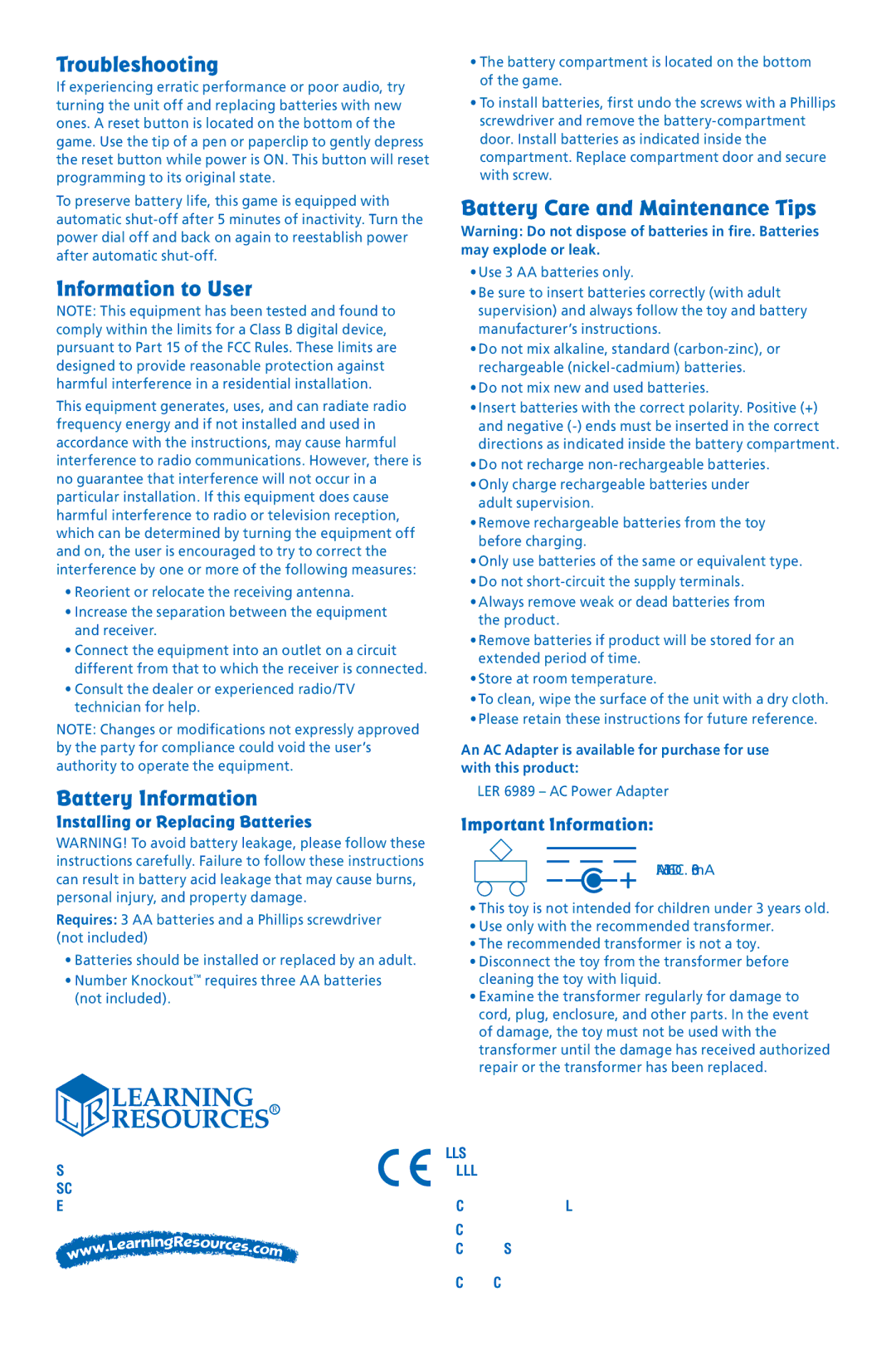 Learning Resources LER 6970 manual Troubleshooting, LER 6989 AC Power Adapter 