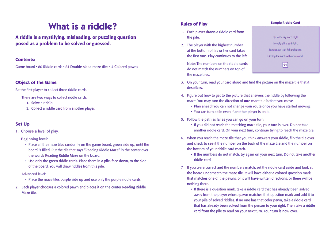 Learning Resources LER 7024 manual What is a riddle?, Contents, Object of the Game, Set Up, Rules of Play 