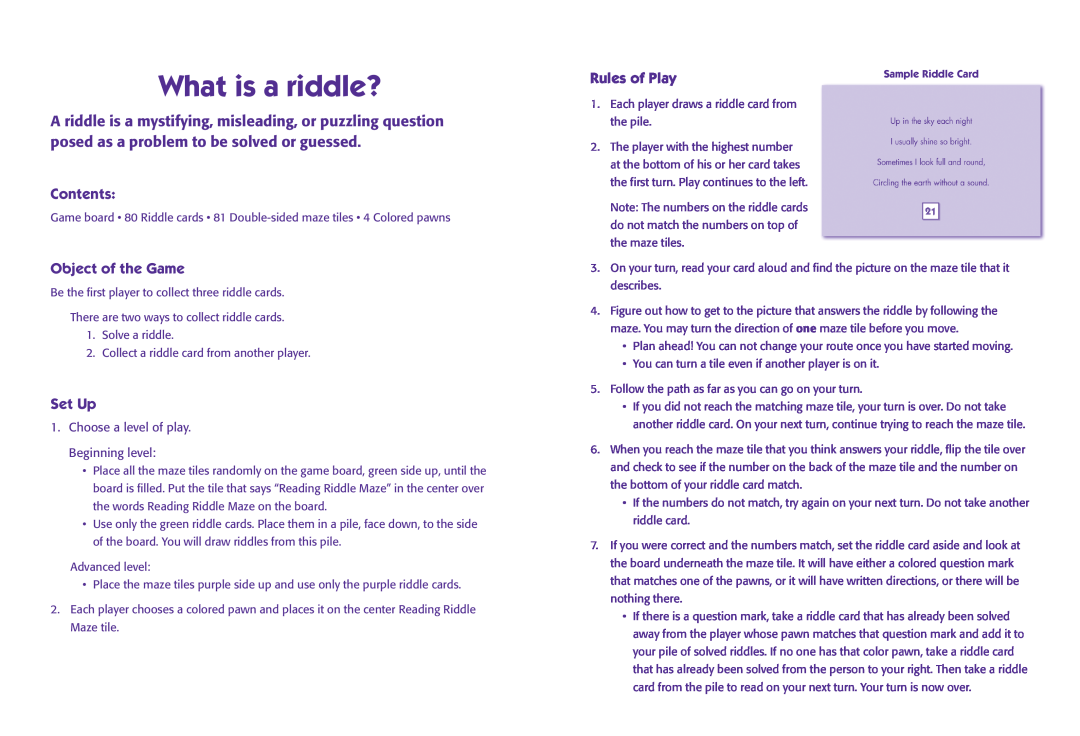 Learning Resources LER 7024 manual Contents, Object of the Game, Set Up, Rules of Play, What is a riddle? 