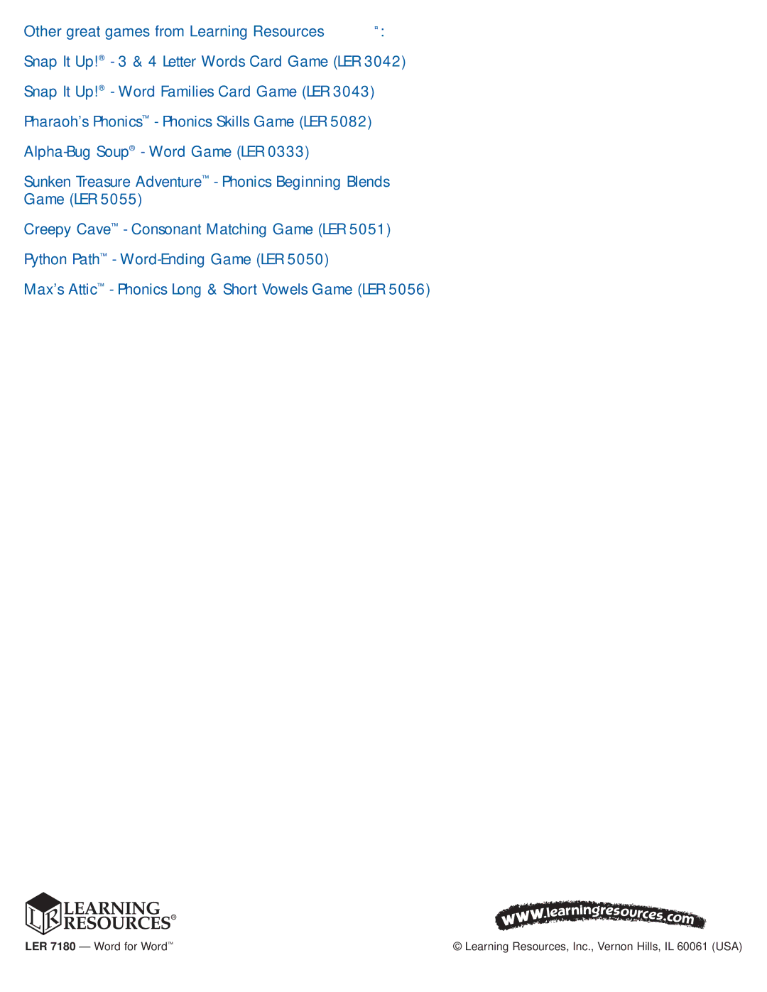 Learning Resources LER 7180 manual Other great games from Learning Resources 
