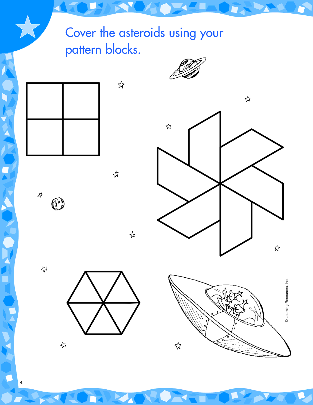 Learning Resources LER 7252 manual Cover the asteroids using your pattern blocks 