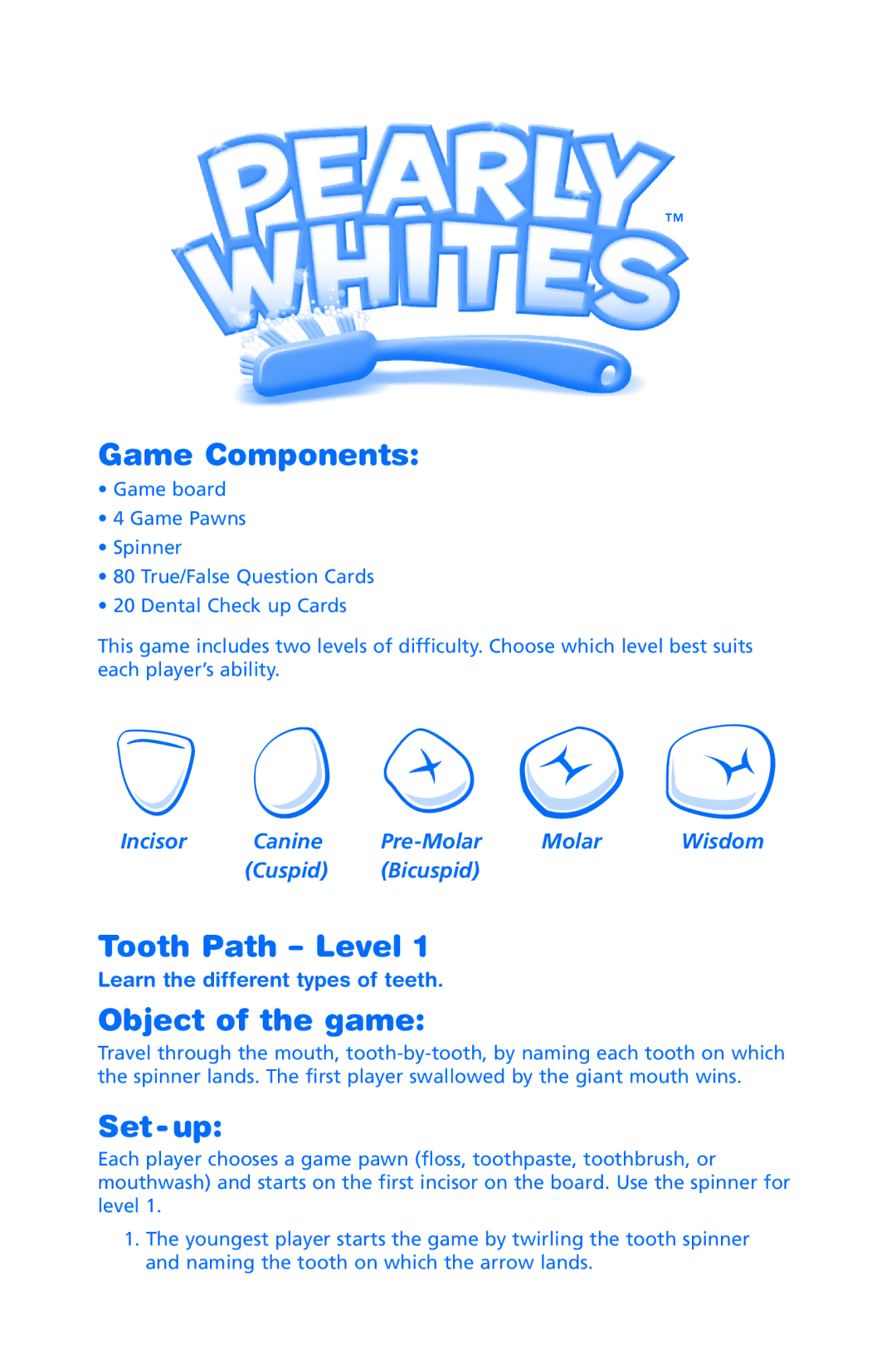 Learning Resources LER 7340 manual Game Components, Tooth Path Level, Object of the game, Set up 