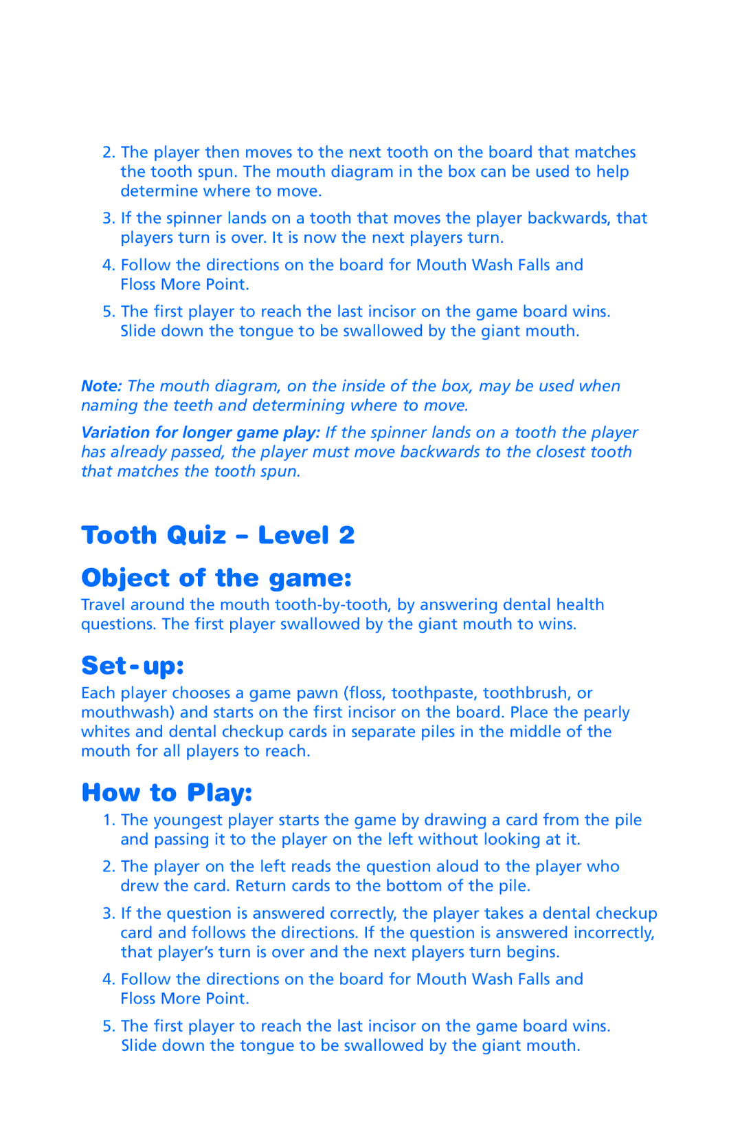 Learning Resources LER 7340 manual Tooth Quiz Level Object of the game, How to Play 