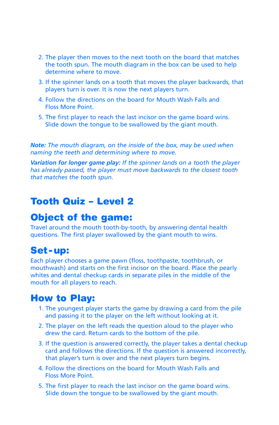 Learning Resources LER 7340 manual Tooth Quiz - Level Object of the game, How to Play, Set - up 