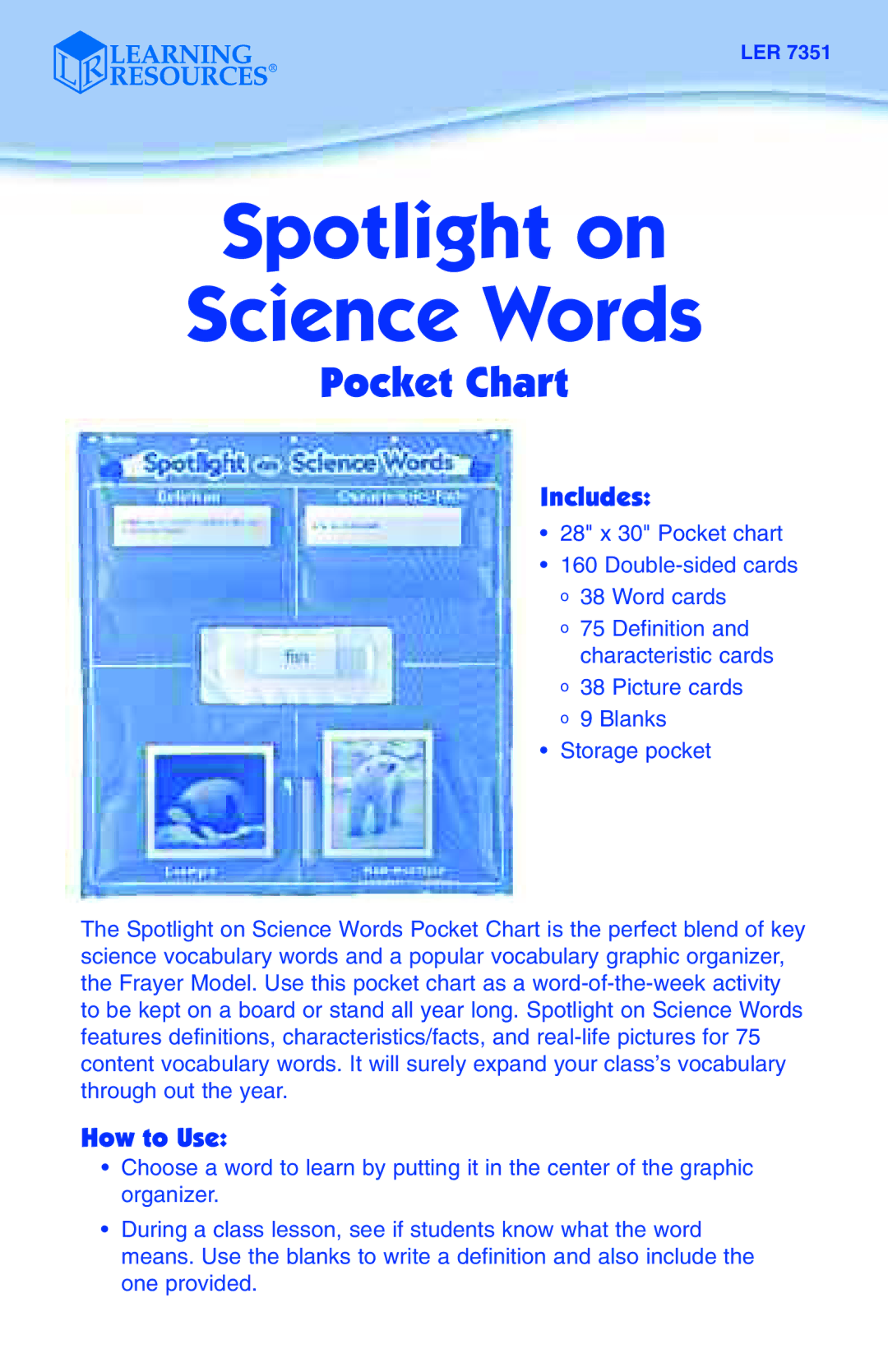 Learning Resources LER 7351 manual Spotlight on Science Words, Pocket Chart, Includes, How to Use 